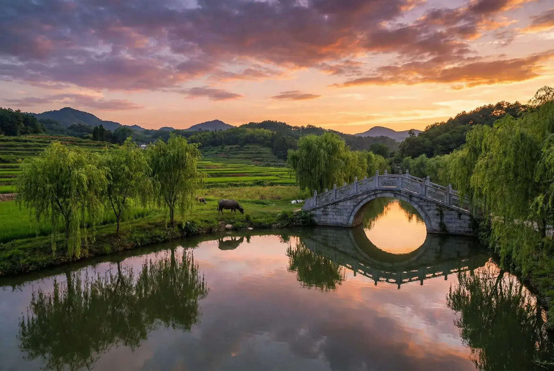 夕阳下的石拱桥与垂柳，水牛在河边吃草 - av自拍 乡村美景